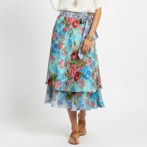 Kariza Designs Silk Viscose Wrap Skirt Floral Print Teal Red Blue Midi Medium